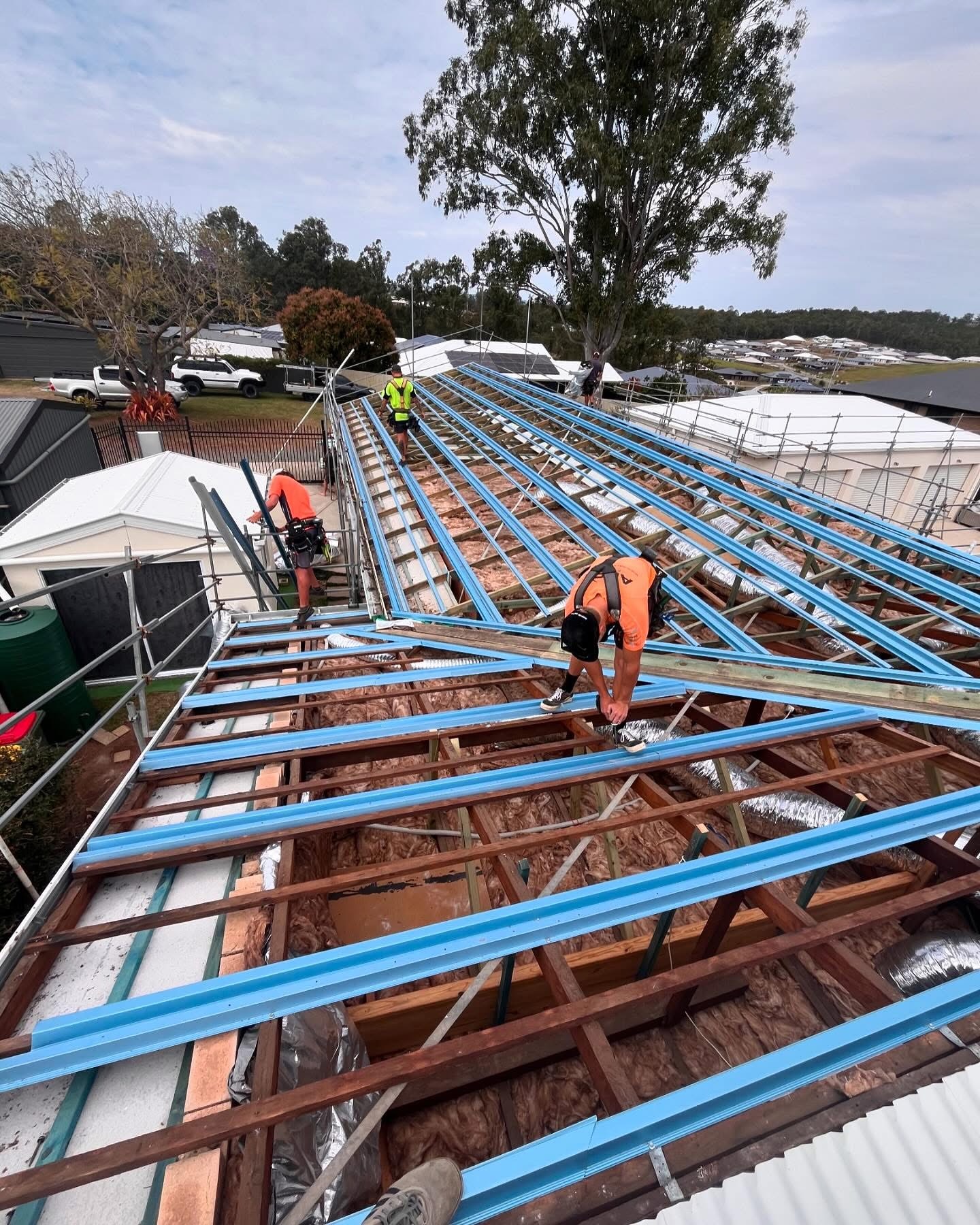 Roofers working on steel roof trusses for a new build on the Sunshine Coast